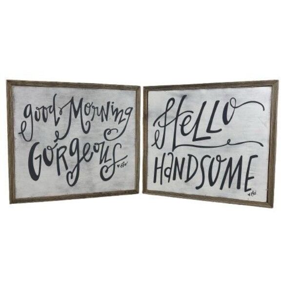 Hello Handsome Good Morning Gorgeous Farmhouse Wooden Box Signs Wall Decor Set - Picture 1 of 14